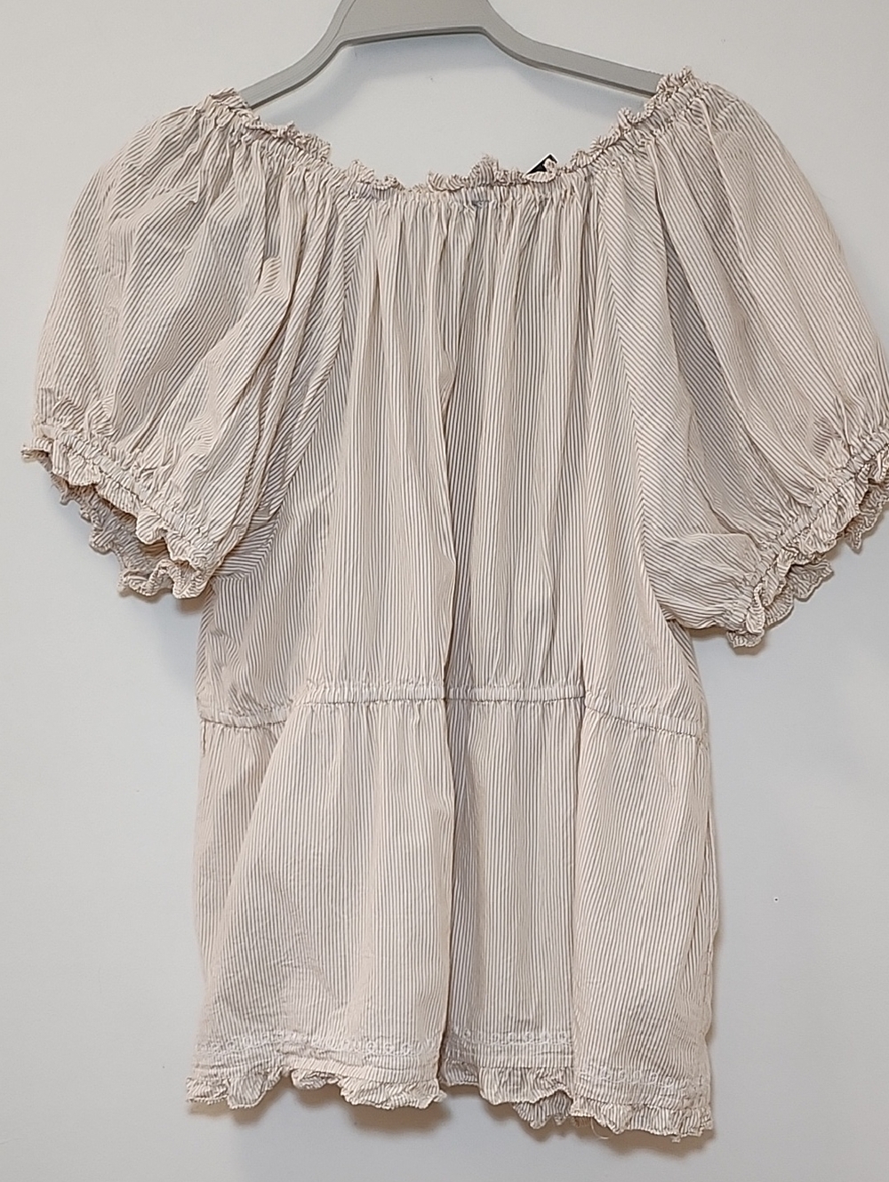 Anthropologie Puff-Sleeve Embroidered Babydoll Top tan and cream stripes Sz XL - Picture 12 of 16